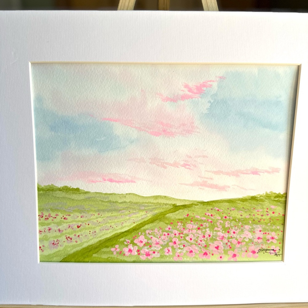 Hand-Painted Watercolor Art Pink Fields - Picture 2 of 6